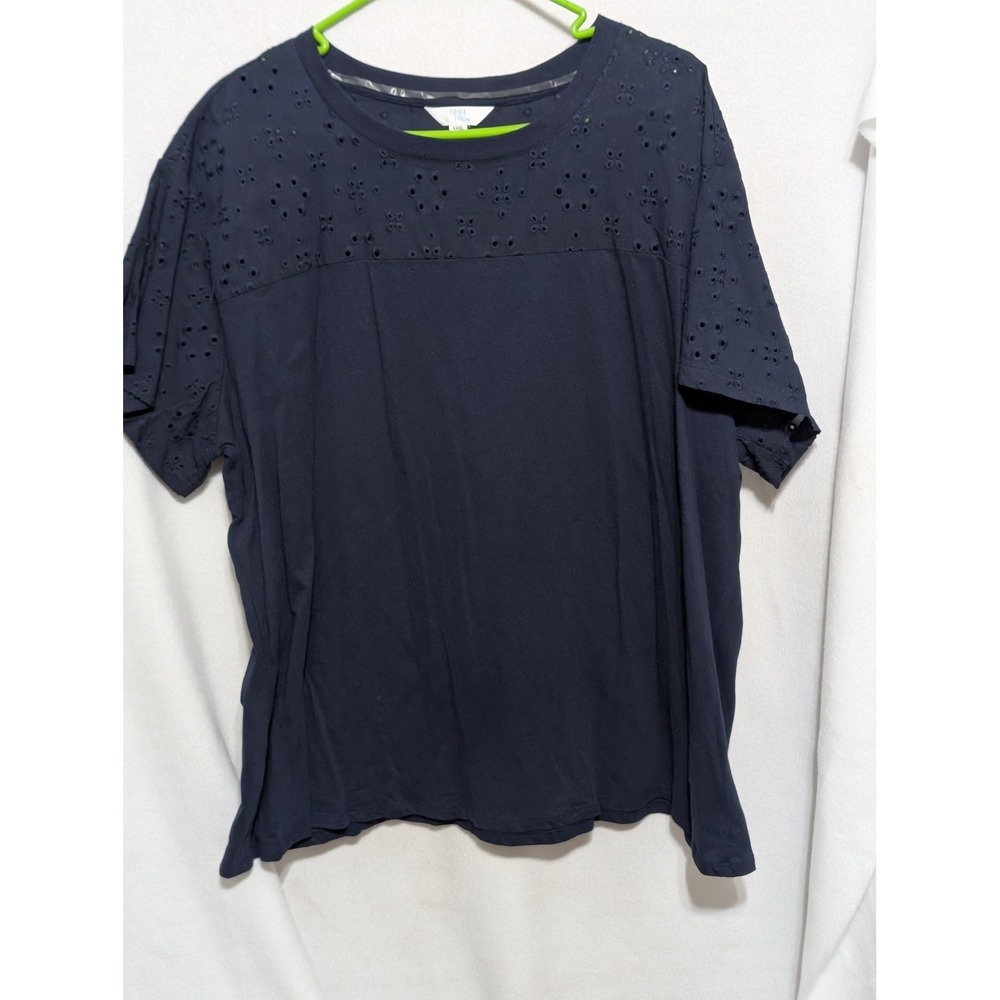 Time and Tru Women Navy Blue Eyelet Lace Yoke Short Sleeve Top XXXL 22